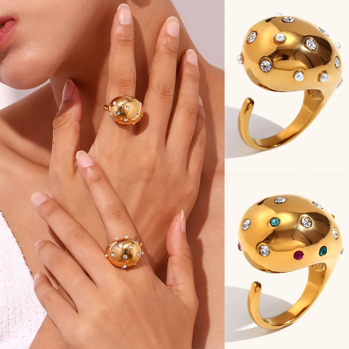 Retro Geometric Stainless Steel Plating Inlay Zircon 18k Gold Plated Open Rings