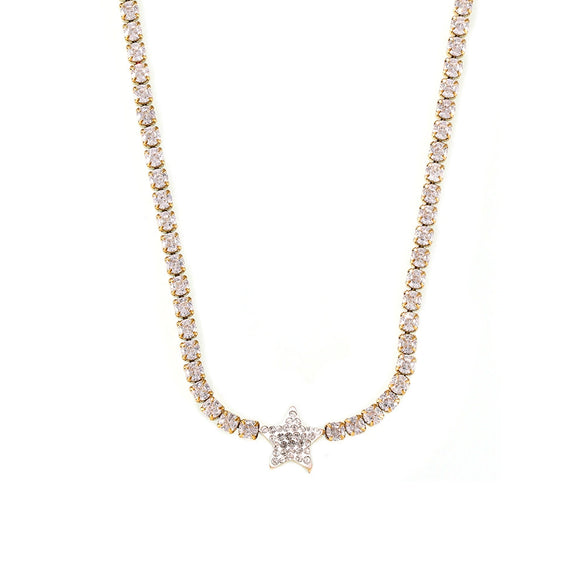 Retro Geometric Star Pendant Necklace For Women Titanium Steel With Zircon Inlay 18K Gold Plated