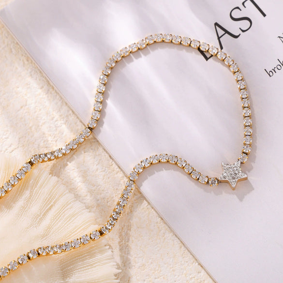 Retro Geometric Star Pendant Necklace For Women Titanium Steel With Zircon Inlay 18K Gold Plated