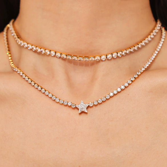 Retro Geometric Star Pendant Necklace For Women Titanium Steel With Zircon Inlay 18K Gold Plated