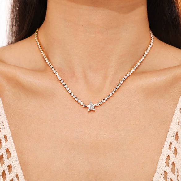 Retro Geometric Star Pendant Necklace For Women Titanium Steel With Zircon Inlay 18K Gold Plated