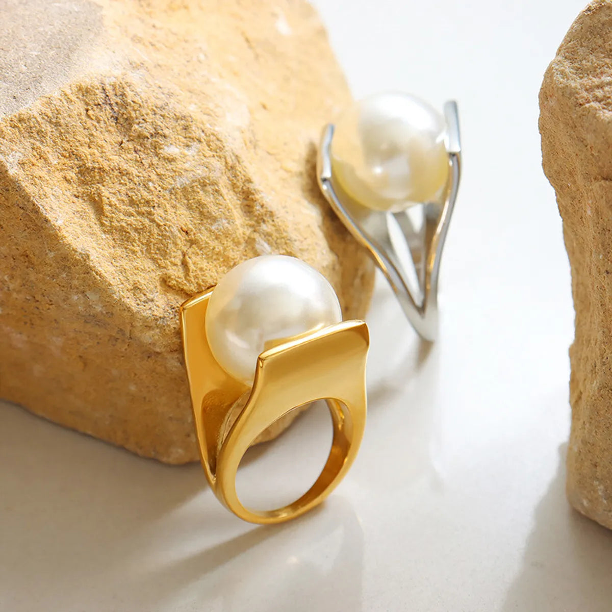 Retro Geometric Titanium Steel Inlay Artificial Pearls Rings