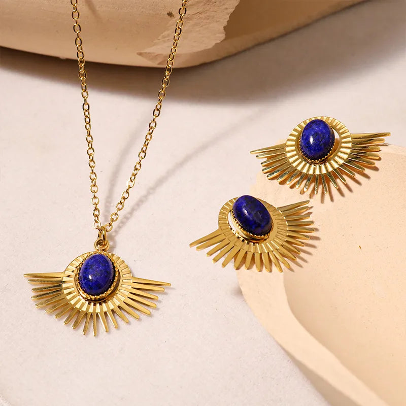 Wholesale Jewelry Retro Geometric 304 Stainless Steel Natural Stone 18K Gold Plated Inlay Earrings Necklace