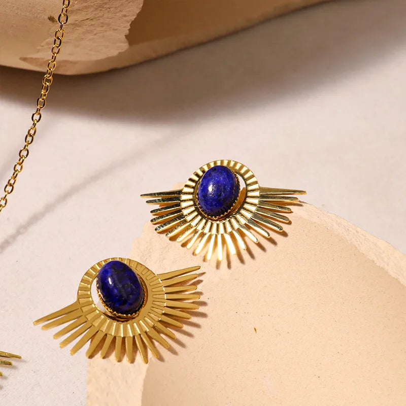 Wholesale Jewelry Retro Geometric 304 Stainless Steel Natural Stone 18K Gold Plated Inlay Earrings Necklace