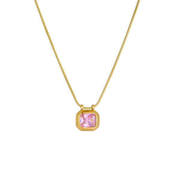 Retro Geometric Titanium Steel Octagon Zircon Pendant Necklace Box Chain For Women