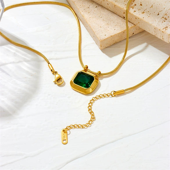 Retro Geometric Titanium Steel Octagon Zircon Pendant Necklace Box Chain For Women