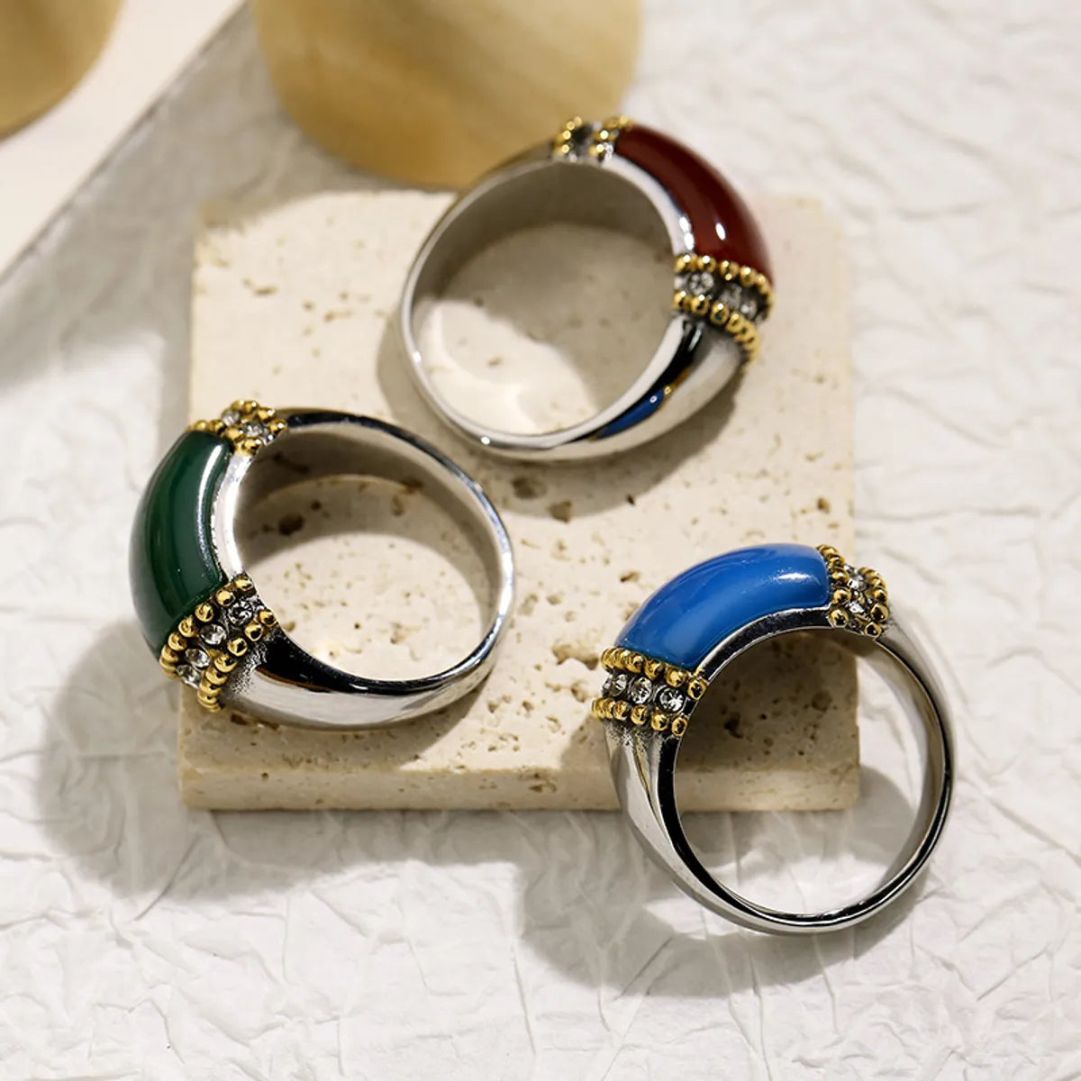 Retro Geometric Titanium Steel Plating Inlay Natural Stone Rhinestones Rings