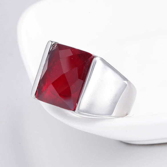 Retro Geometric Titanium Steel Ring With Pomegranate Red Accent Electroplated Unisex Statement Jewelry