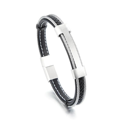 Retro Geometric Two-Layer Leather Microfiber Titanium Steel Braid Men'S Bangle