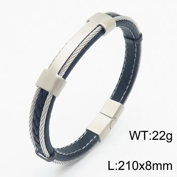 Retro Geometric Two-Layer Leather Microfiber Titanium Steel Braid Men'S Bangle