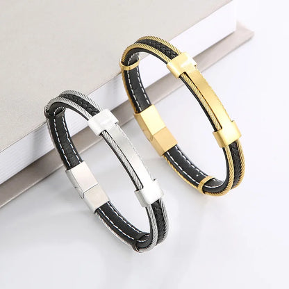 Retro Geometric Two-Layer Leather Microfiber Titanium Steel Braid Men'S Bangle