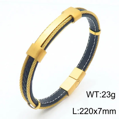 Retro Geometric Two-Layer Leather Microfiber Titanium Steel Braid Men'S Bangle