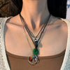 Retro Geometric Women's Ring Ping An Buckle Crystal Pendant Necklace With Leather Wax Thread Iron Chain Alloy Electroplating