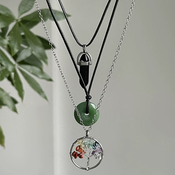 Retro Geometric Women's Ring Ping An Buckle Crystal Pendant Necklace With Leather Wax Thread Iron Chain Alloy Electroplating