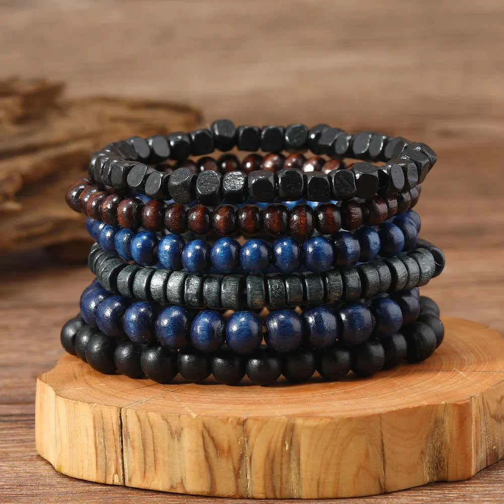 Retro Geometric Wood Beaded Unisex Bracelets