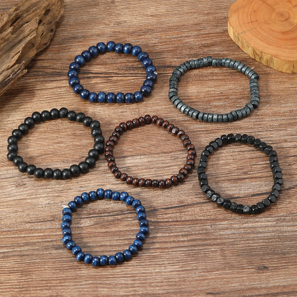 Retro Geometric Wood Beaded Unisex Bracelets