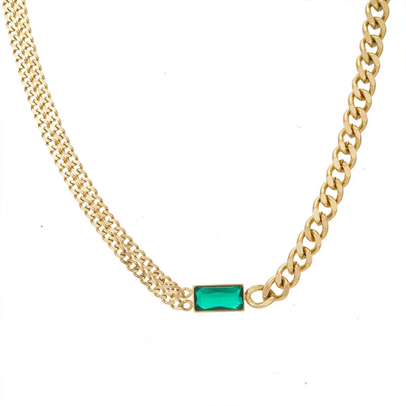 Retro Geometric Zircon Necklace With Asymmetric Pendant And Textured Titanium Steel Chain Electroplated Fashion Jewelry