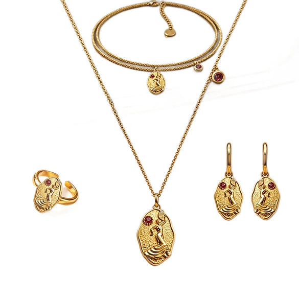 Retro Goddess Relief Stainless Steel Jewelry Set With Red Zircon Necklace Earrings Bracelet And Ring