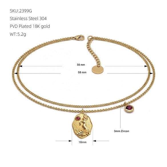 Retro Goddess Relief Stainless Steel Jewelry Set With Red Zircon Necklace Earrings Bracelet And Ring