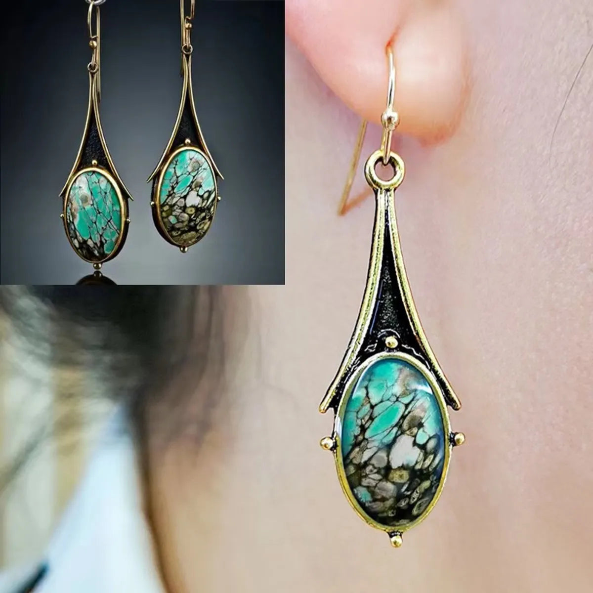 Retro Gold Marble Drop-Shaped Flower Colored Turquoise Earrings