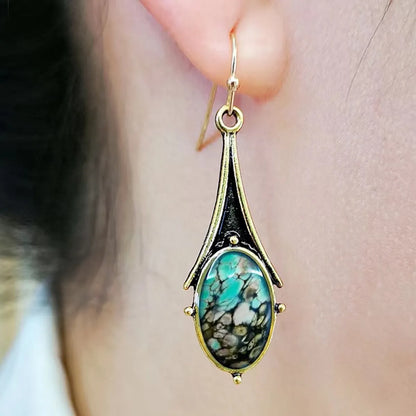 Retro Gold Marble Drop-Shaped Flower Colored Turquoise Earrings