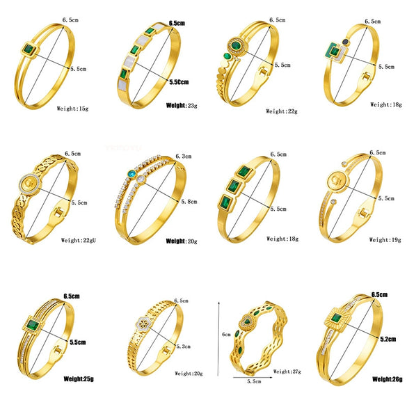 Retro Gold Plated Irregular Inlaid Emerald Gem Stainless Steel Women Bracelet