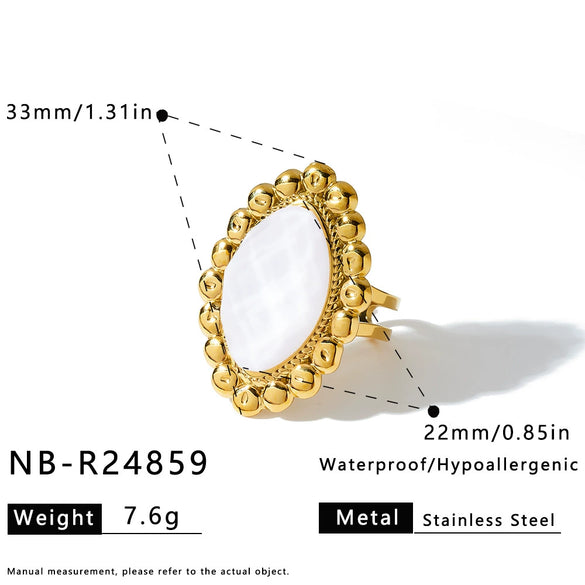 Retro Gold Plated Stainless Steel Oval Ring For Women With Acrylic Inlay And Geometric Design