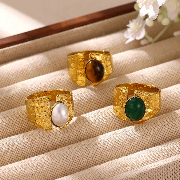 Retro Gold Plated Stainless Steel Stackable Ring With Wide Hammered Geometric Face And Natural Stone Accent For Women