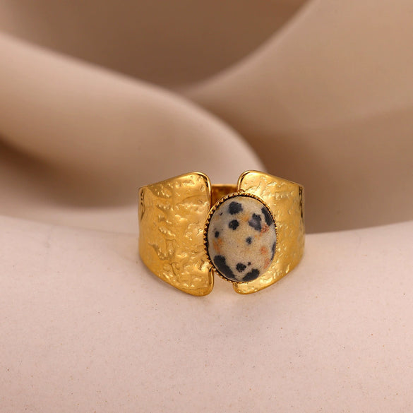 Retro Gold Plated Stainless Steel Stackable Ring With Wide Hammered Geometric Face And Natural Stone Accent For Women