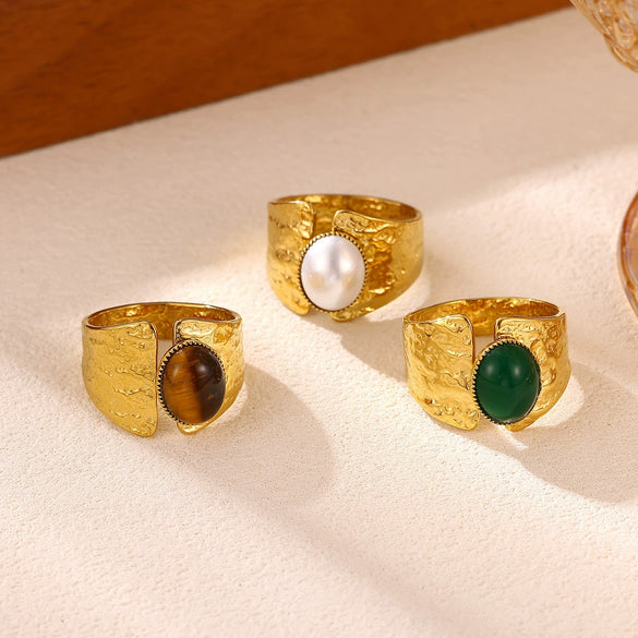Retro Gold Plated Stainless Steel Stackable Ring With Wide Hammered Geometric Face And Natural Stone Accent For Women