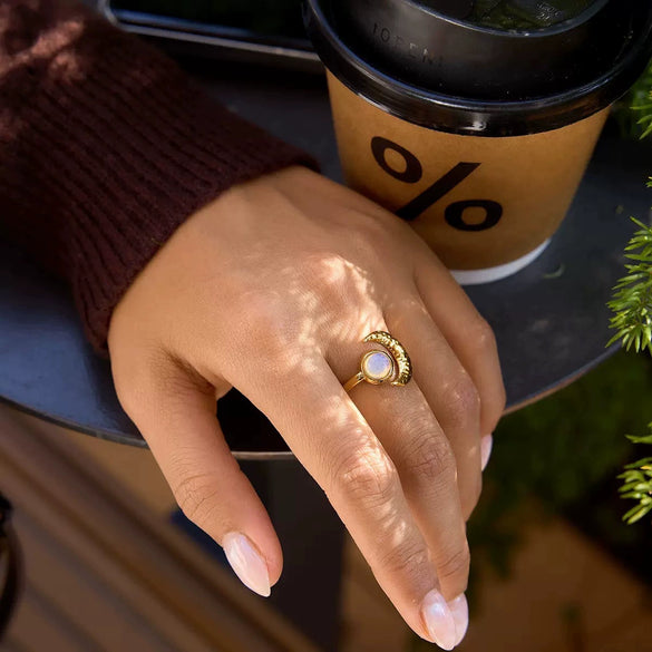 Retro Gold Plated Stainless Steel Wave Open Ring With Star Moon And Opal Details For Women