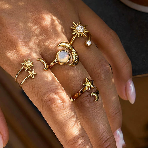 Retro Gold Plated Stainless Steel Wave Open Ring With Star Moon And Opal Details For Women