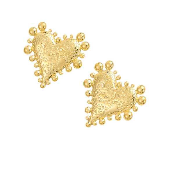 Retro Gold Stainless Steel Earrings With Love Hammer Pattern And Electroplating For Women