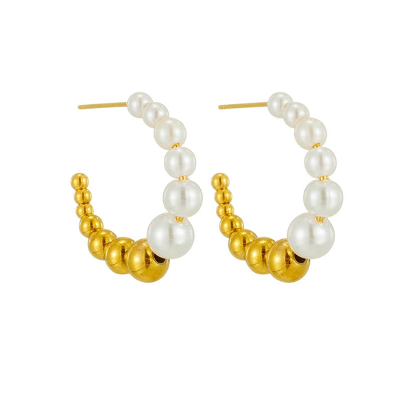 Retro Gold White Ball Geometric Titanium Steel Beaded Earrings And Ring With Electroplating For Unisex Fashion Accessories
