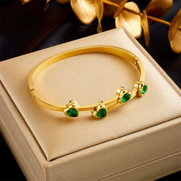 Retro Goldplated Polished Stainless Steel Love Sugar Cube Emerald Women's Jewelry Bracelet
