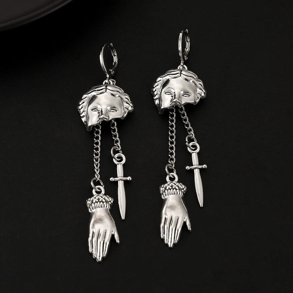 Retro Gothic Creative Palm Mask Dagger Earrings For Women Alloy Geometric Pattern Electroplated