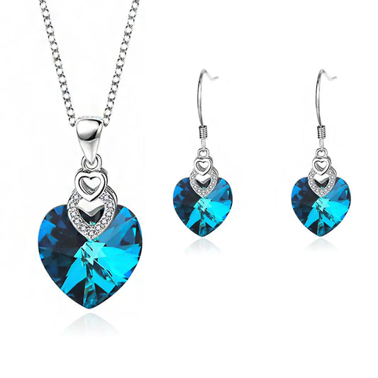 Retro Gradient Color Heart Shape Austrian Crystal Sterling Silver Women's Earrings Necklace