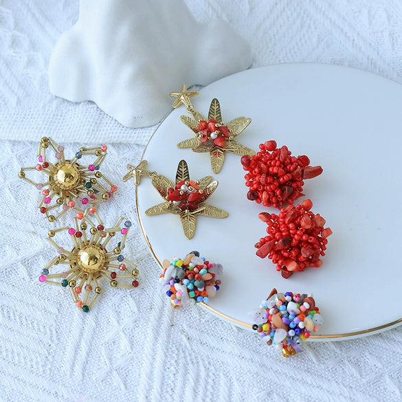 Retro Gravel Starfish Flower Geometric Titanium Steel Women Earrings Electroplated