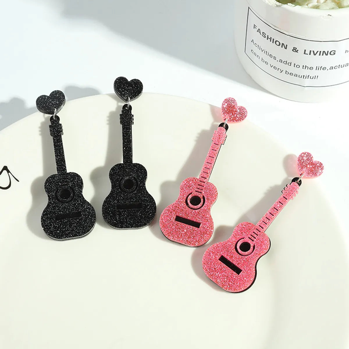 Retro Guitar Heart Shape Arylic Resin Enamel Women'S Drop Earrings 1 Pair