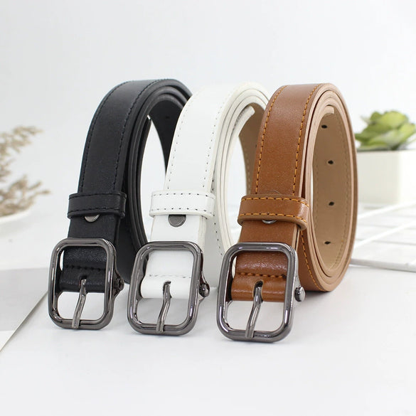 Retro Gun Black Alloy Buckle Faux Leather Fashion Belt For Women All Match Thin Jeans Style