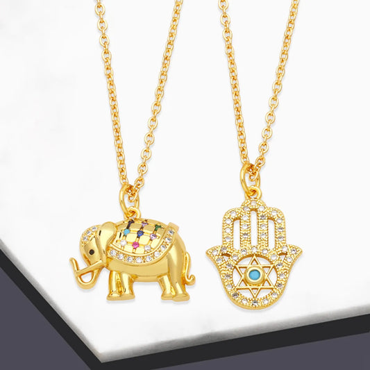 Retro Hand Of Fatima Elephant Copper Gold Plated Zircon Pendant Necklace 1 Piece