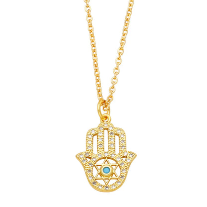 Retro Hand Of Fatima Elephant Copper Gold Plated Zircon Pendant Necklace 1 Piece