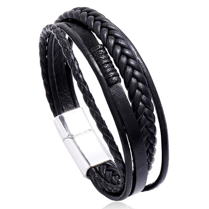 Retro Hand-Woven Men'S Leather Simple Multilayer Alloy Magnet Buckle Leather Bracelet Nihaojewelry