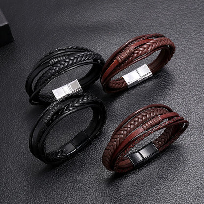 Retro Hand-Woven Men'S Leather Simple Multilayer Alloy Magnet Buckle Leather Bracelet Nihaojewelry