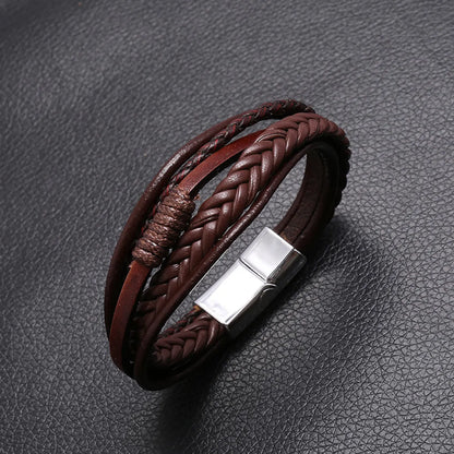 Retro Hand-Woven Men'S Leather Simple Multilayer Alloy Magnet Buckle Leather Bracelet Nihaojewelry