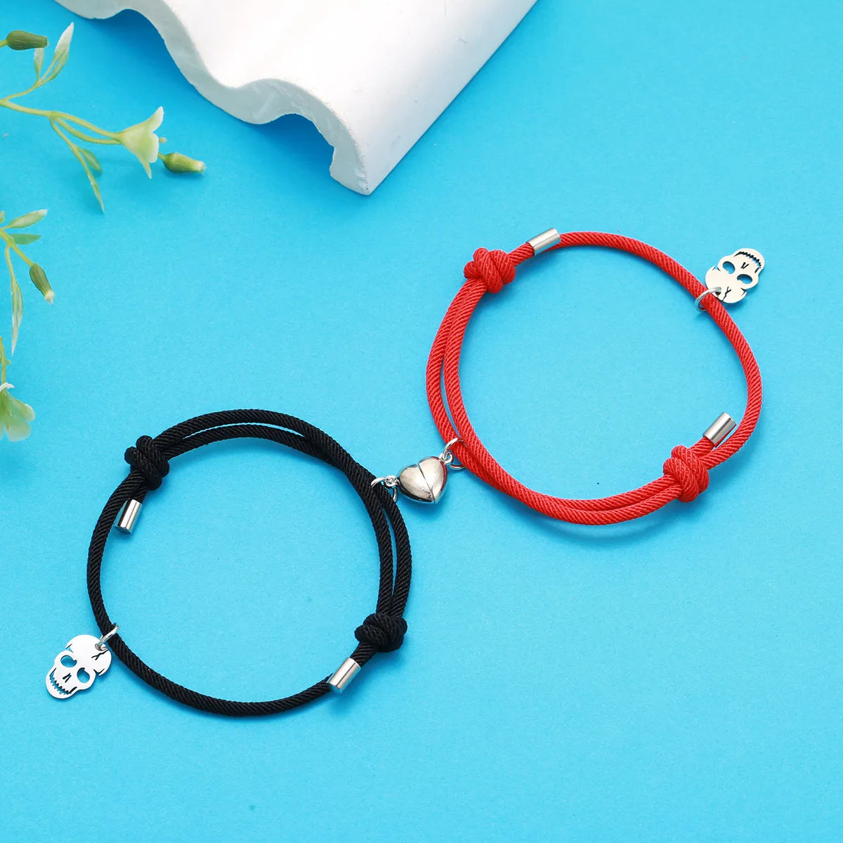 Retro Heart Shape Skull Mixed Materials Couple Bracelets 1 Pair