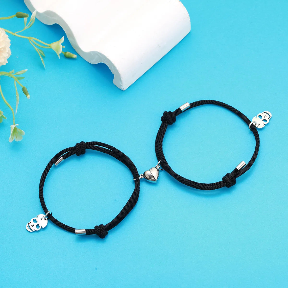 Retro Heart Shape Skull Mixed Materials Couple Bracelets 1 Pair