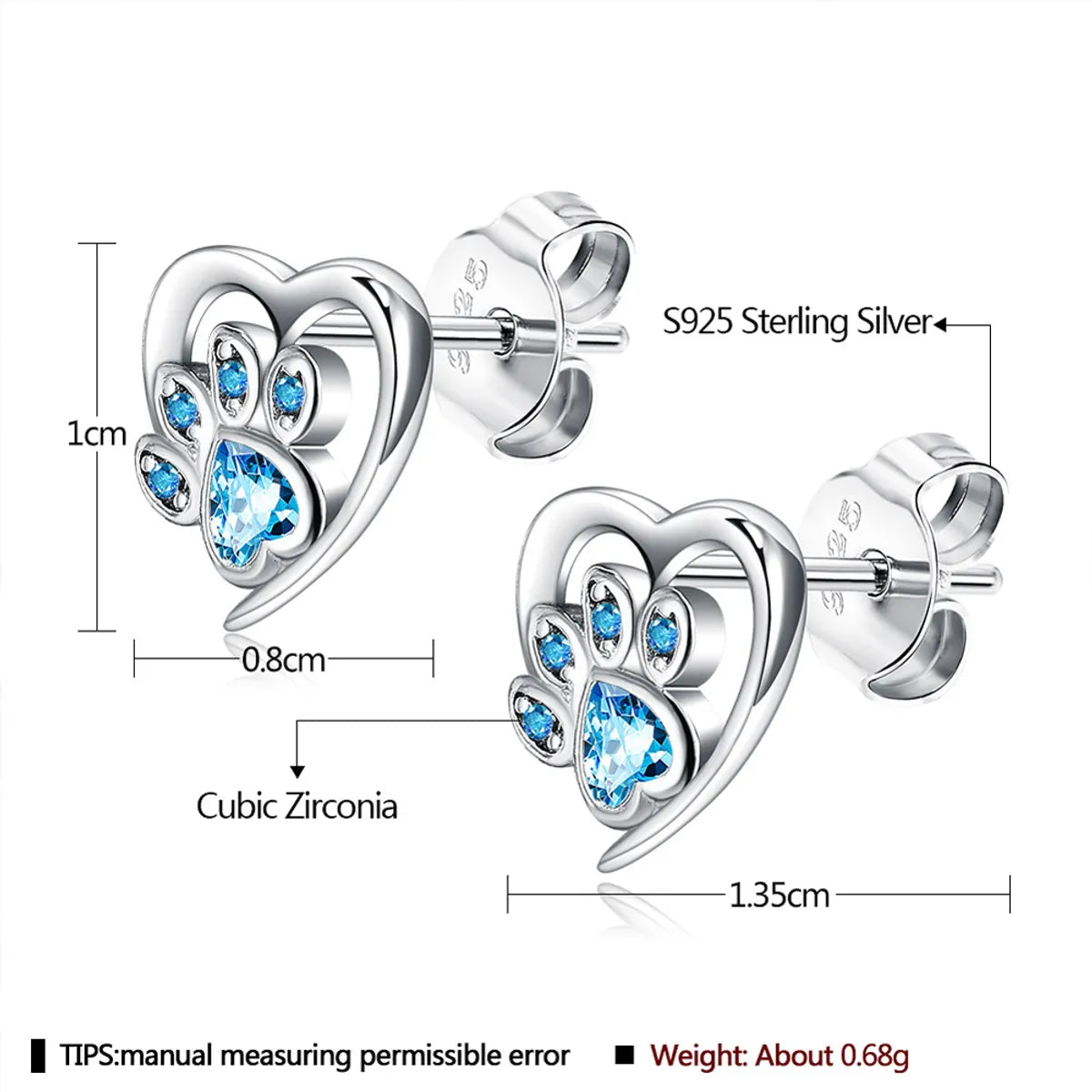 Retro Heart Shape Sterling Silver Inlay Zircon Ear Studs 1 Pair