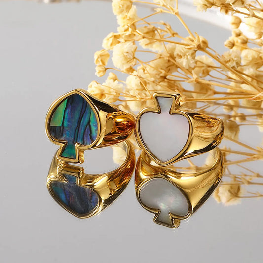 Retro Heart Shape Titanium Steel Enamel Inlay Shell Rings