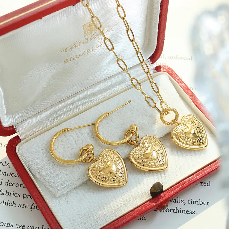 Wholesale Jewelry Retro Heart Shape 304 Stainless Steel 18K Gold Plated Plating Earrings Necklace